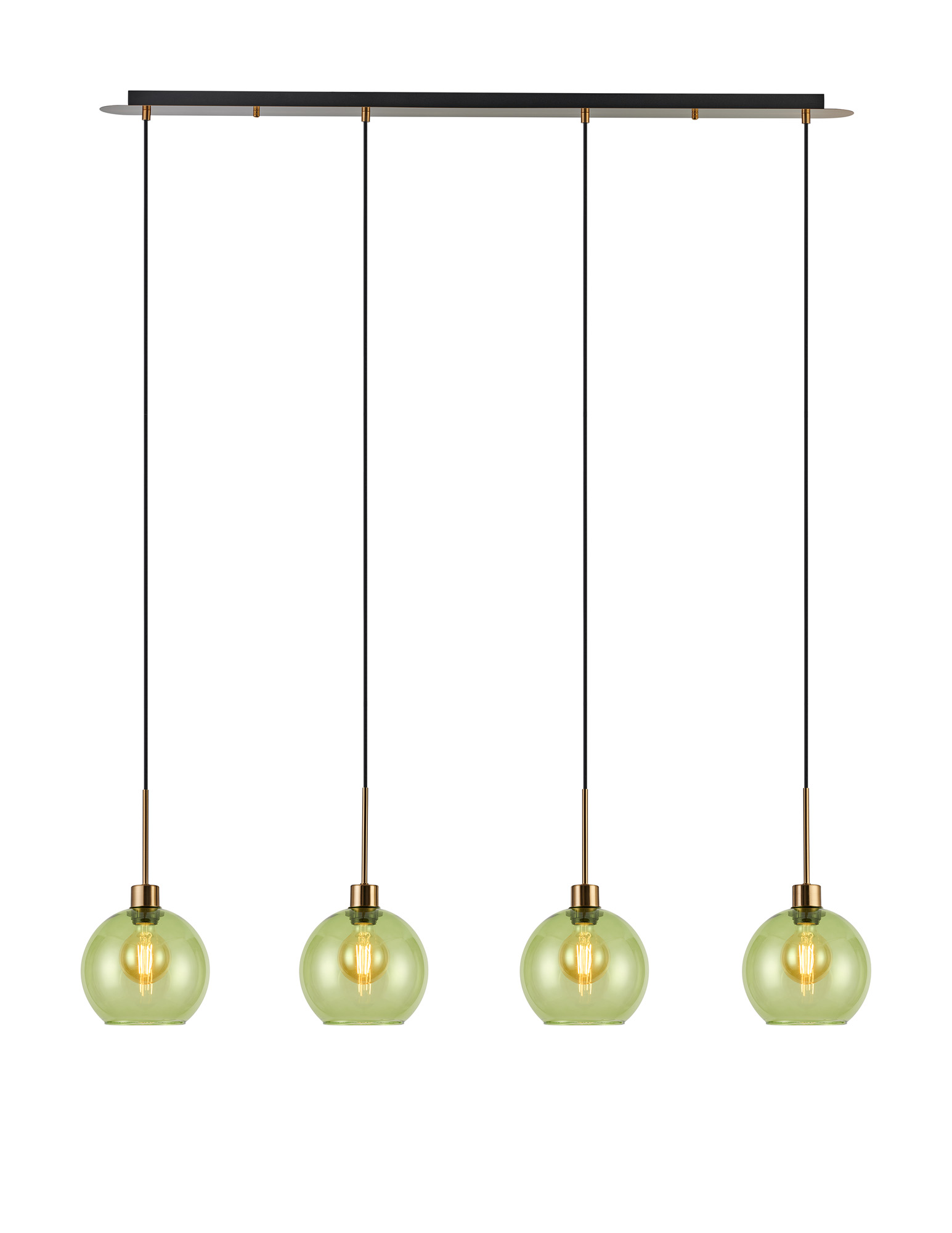 DK1225  Lori Linear Pendant, 4 Light Adjustable E27, Antique Gold/Green Open Mouth Round Globe Shades